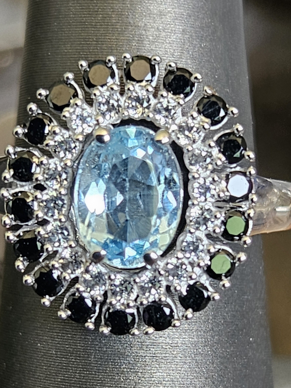 Blue & White Topaz With Black Spinel Double Halo Ring